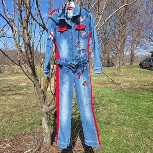 Y2K Denim Jumpsuit Womens Med Patchwork Embroidered Belted One Piece MLB NBA